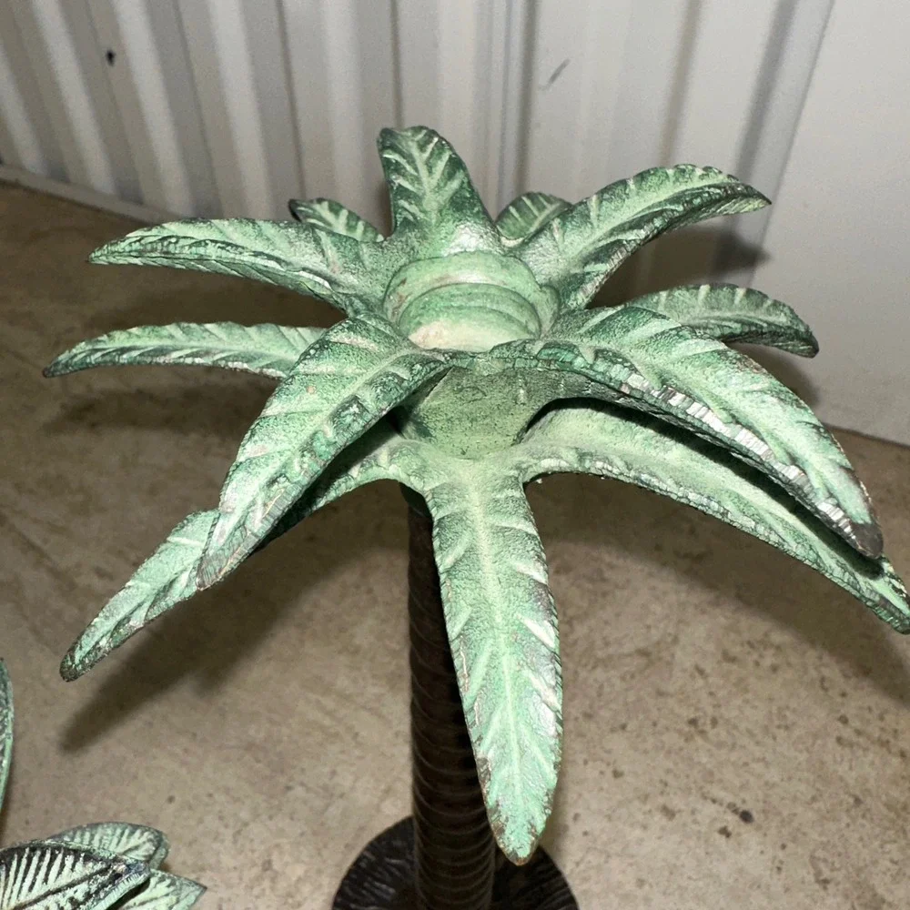 VTG Palm‎ Tree Candle Holders Set Brass 3 Bronze Metal Tropical Regency Decor